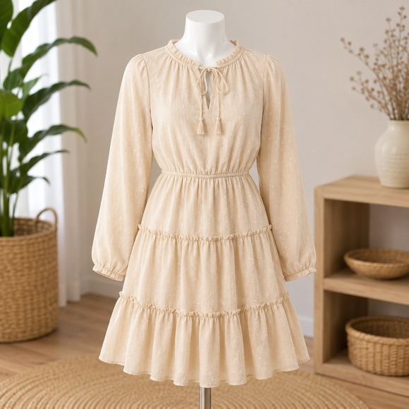 Cupshe Dresses & Skirts - NWT Cupshe Mini Dress Womens XS Cream Swiss Dot Tiered Ruffle Long Sleeve Boho